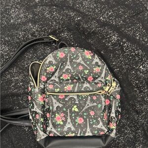 Black Floral Eiffel Tower Mini Backpack